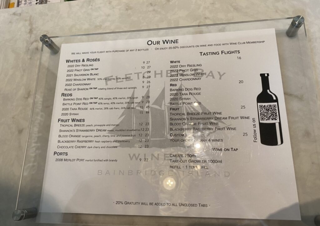 Fletcher Bay Winery - Tasting Roomのワインメニュー